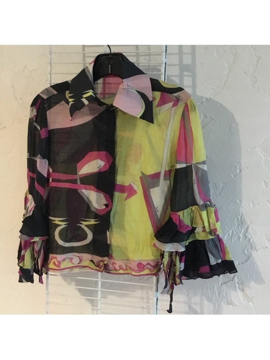 Emilio Pucci Tops - Emilio Pucci Sheer Abstract Printed Ruffle-Sleeve Blouse in Pink, Yellow & Black